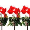 three red artificial cyclamen plants with leaves