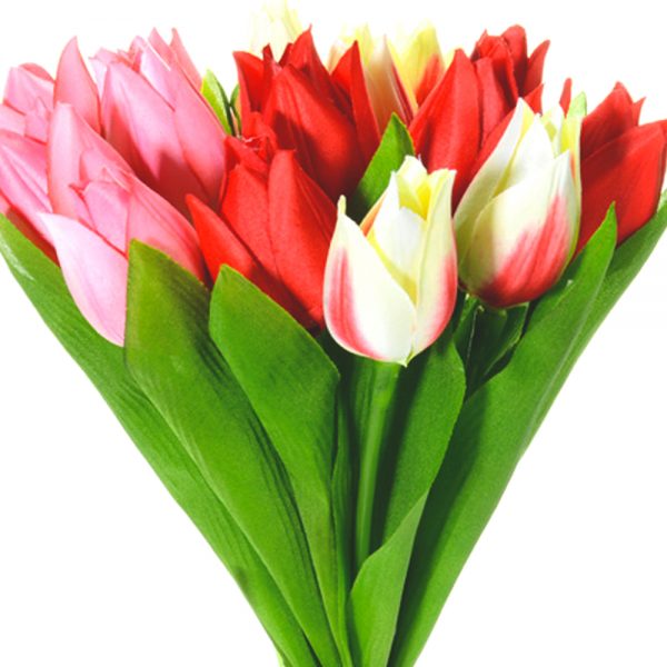 red, white and pink artificial tulips in a bunch