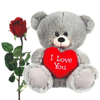 Grey love heart bear with artificial red rose