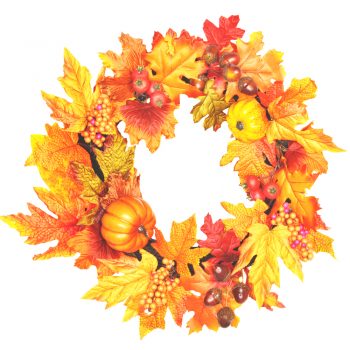 artificial autumn wreath with maple leaves and pumpkins