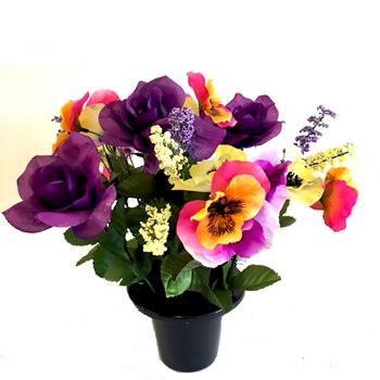 Artificial Pansies and Rose Grave Pot