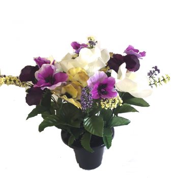 Artificial Pansies and White Rose Grave Pot