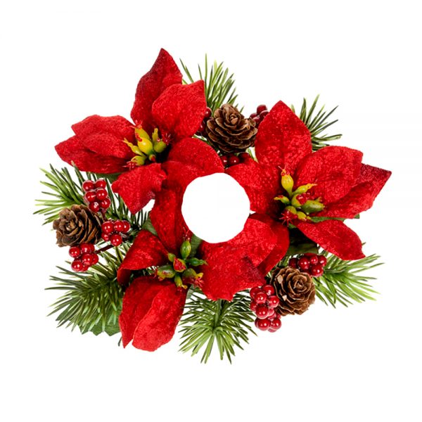 Artificial Candle Ring with Red Poinsettia