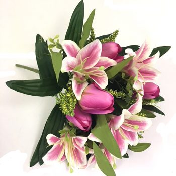 Artificial silk tulips and lilies bouquet