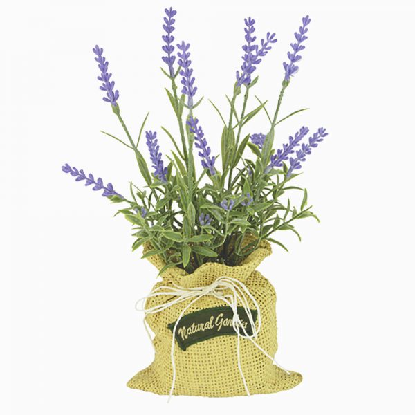 artificial lavender in a jute bag