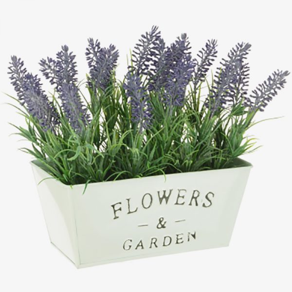 large decorative pot of artificial lavender
