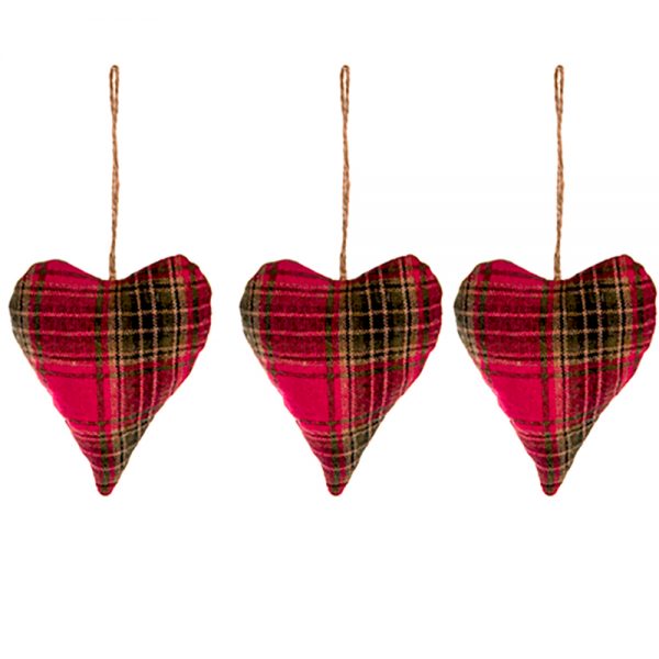 Set of 3 Christmas Tartan Heart Hanging Decorations