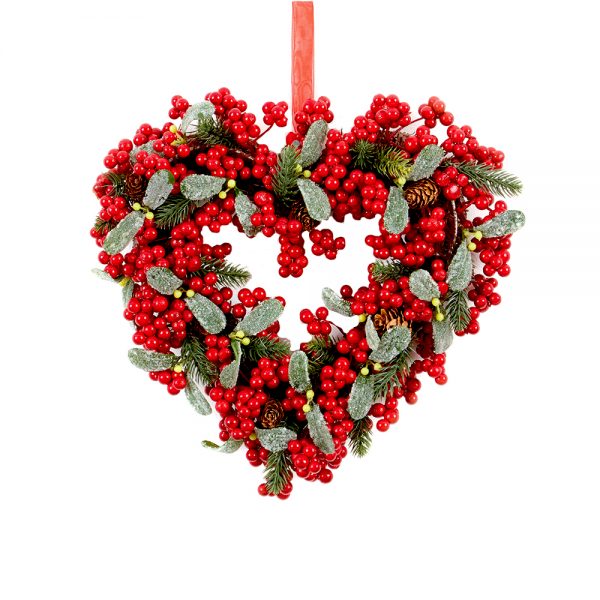 30cm Red Berry and Leaf Heart Wreath