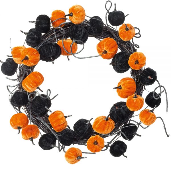 velvet pumpkin wreath with black and orange artificial pumpkins