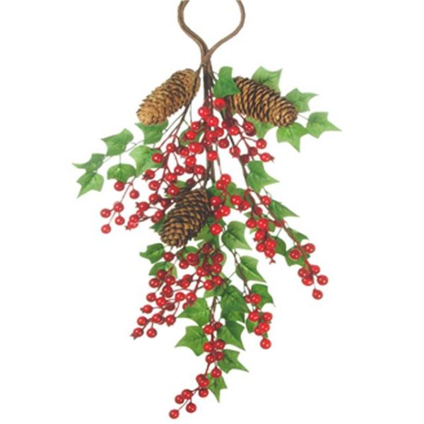 red berry decoration teardrop shape with ivy and pine cones
