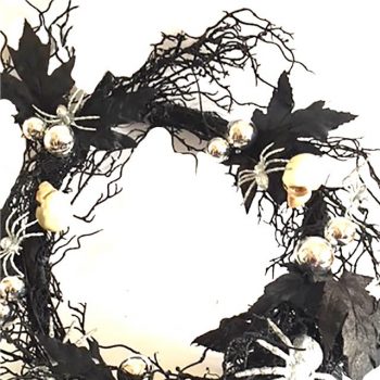 Halloween wreath with lights, skulls and spiders