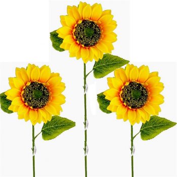 three giant artificial sunflowers