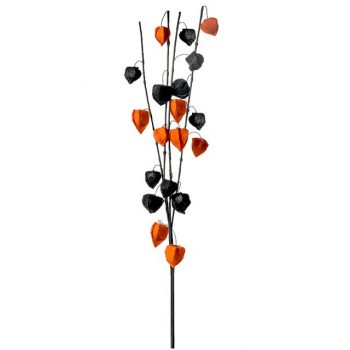 black and orange artificial Chinese lanterns on a branch