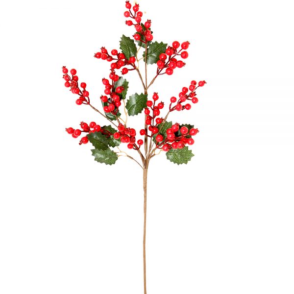 artificial red berry stem with holly leaves