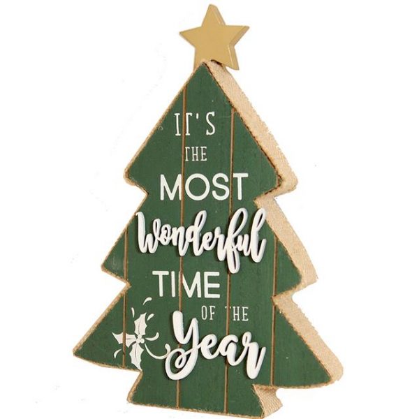 wooden Christmas tree sign with seasonal greeting