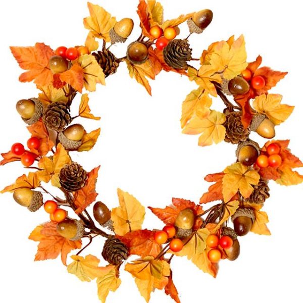 autumn candle ring with maple leaves and acorns