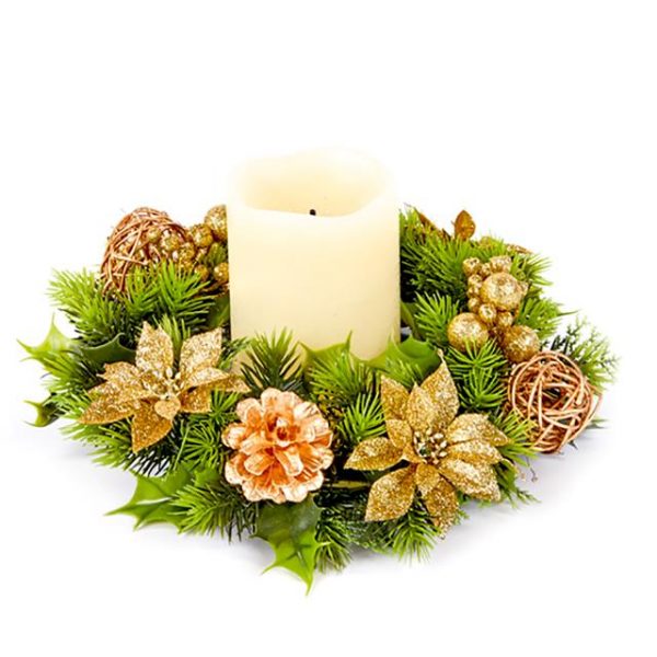 artificial green and gold poinsettia candle ring