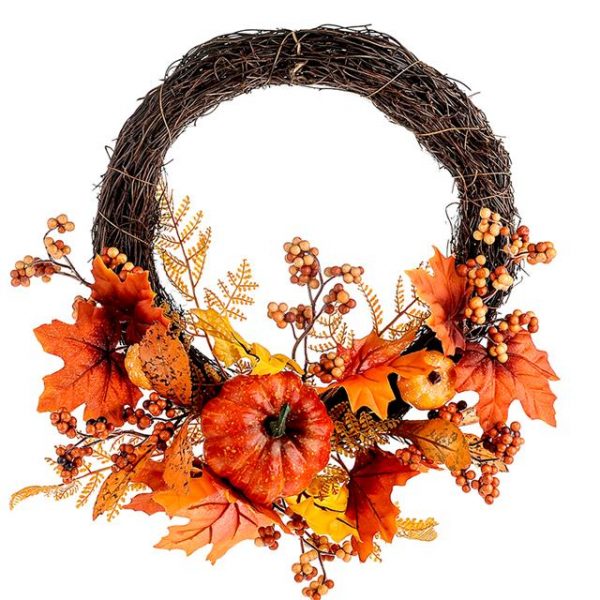 artificial autumn wreath with berries, pumpkins and leaves