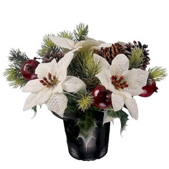 artificial white Christmas poinsettia memorial arrangement with pine cones, fruit and winter foliage
