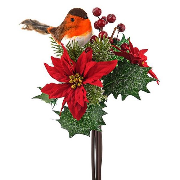artificial poinsettia bouquet with robin