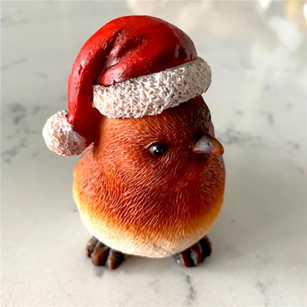 robin Christmas ornament weaing Santa hat