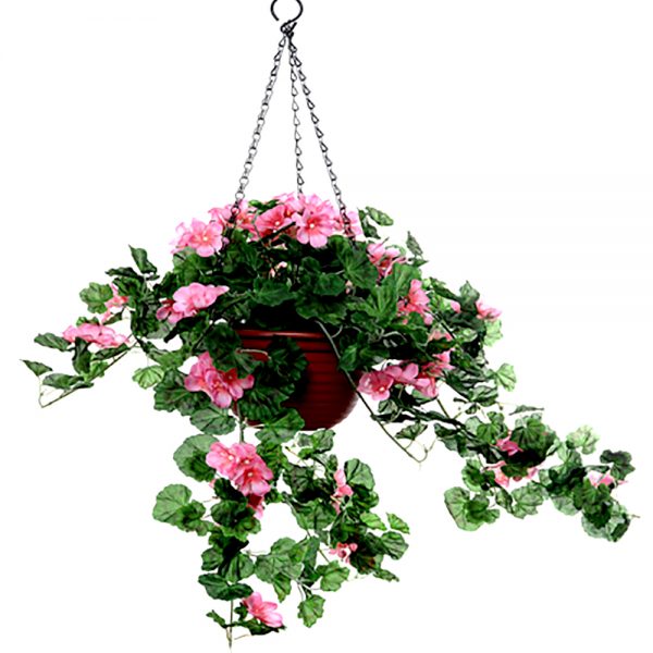 Artificial Hanging Basket with Trailing Pink Geranium Plant