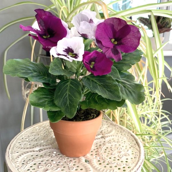 Artificial Purple and White Potted Pansy