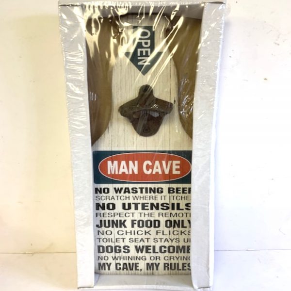Bottle Shaped Man Cave Rules Beer Sign with Bottle Opener