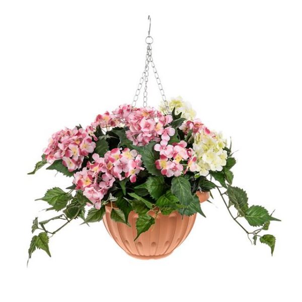 Artificial Hydrangea Hanging Basket - Pink and Cream