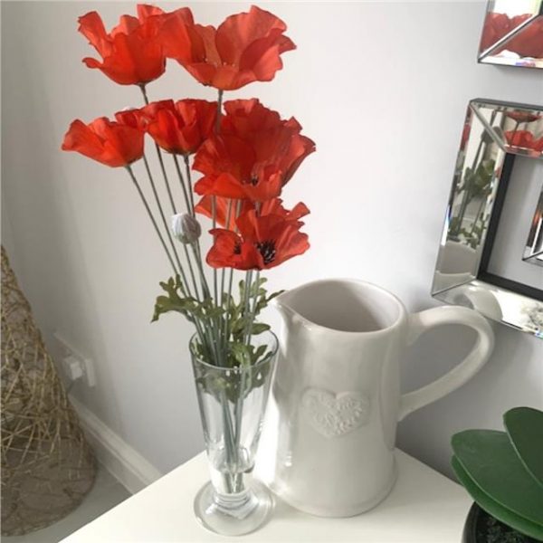 Artificial Flame Orange Poppies in Footed Glass Vase