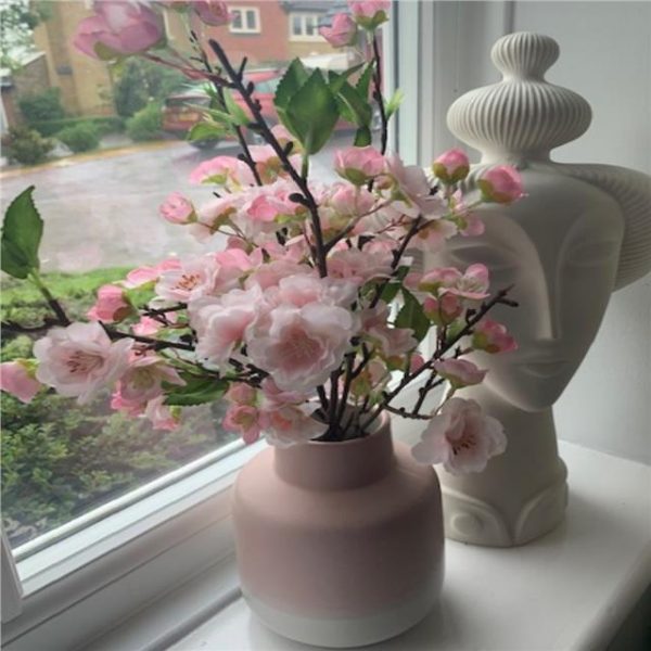 Pink Artificial Blossom Plant in Pink and White Vase