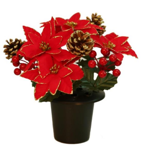 Artificial Red Gold Poinsettia Cone & Berry Christmas Grave Pot Flower Arrangement