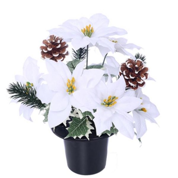 Artificial White Poinsettia Memorial Vase Pot