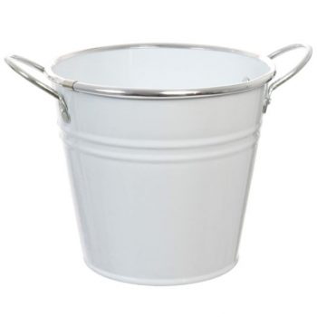 White Metal Flower Bucket With Chrome Lip and Handles