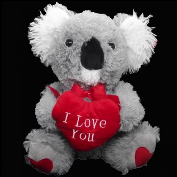 Grey Cuddly Bear with Red Heart and Premium Red Silk Rose