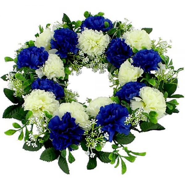 Artificial Royal Blue and Ivory Carnation Wreath
