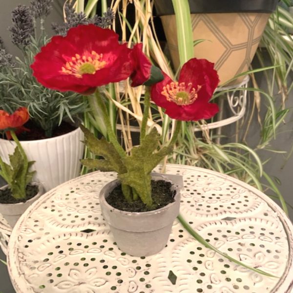 Artificial Flame Red Poppies in Grey Pot