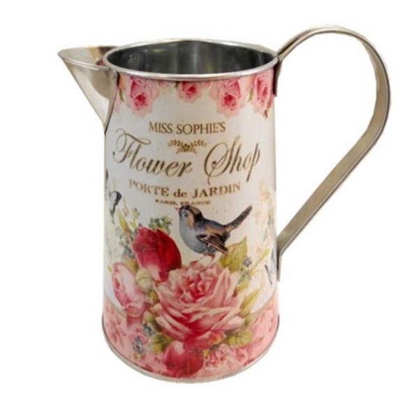 Round Metal Jug with Handle and Flower Shop Rose Design