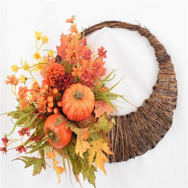 Artificial Autumn Pumpkin Cornucopia with Maple Leaves and Berries