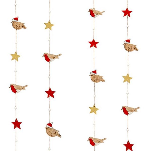 Festive Garland of Christmas Robins with Gold and Red Stars