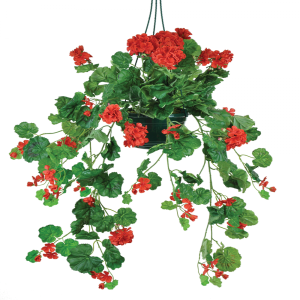 Artificial Hanging Basket With Trailing Red Geranium Flowers
