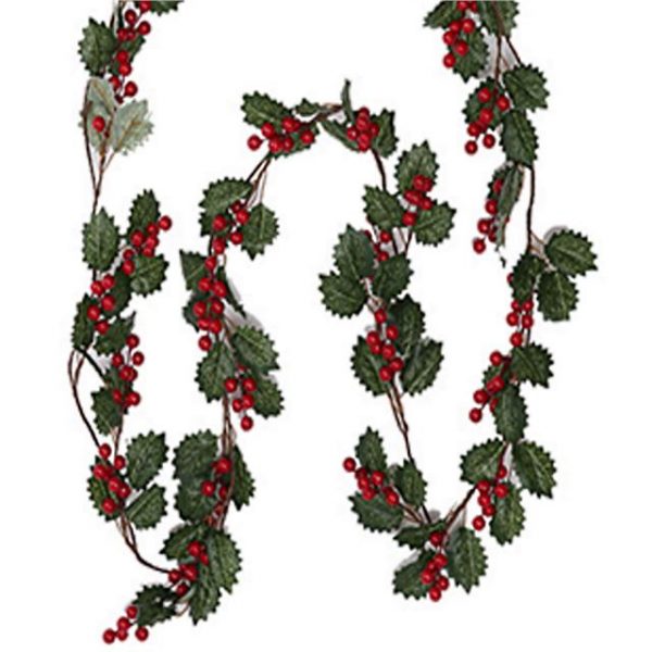 Artificial Green Holly and Red Berry Garland