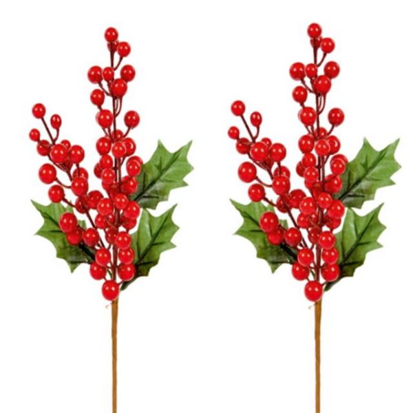 Set of 2 Artificial Red Berry Picks with Green Holly