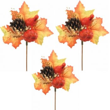 Pack of 3 Artificial Autumn Leaf and Pumpkin Picks