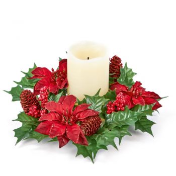 Artificial Holly and Red Berry Poinsettia Candle Ring