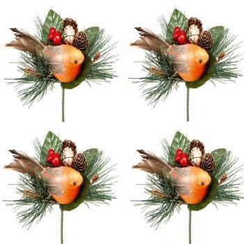 Set of 4 Christmas Robin Picks With Pine Cones