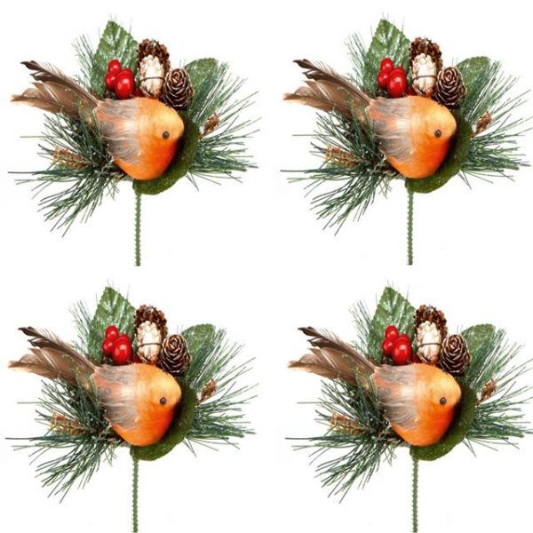 Set of 4 Christmas Robin Picks With Pine Cones