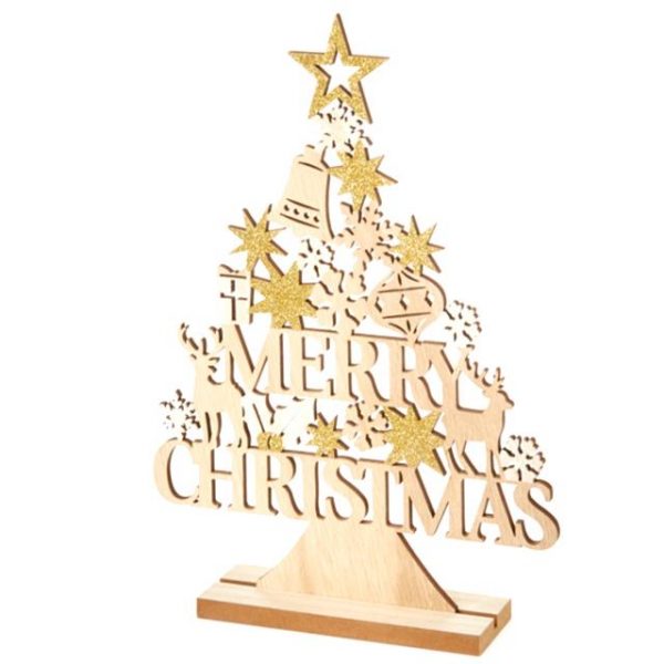 Merry Christmas Gold Glitter Wooden Tree Decoration