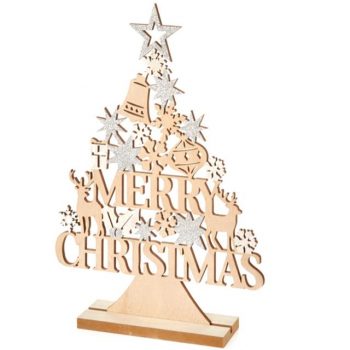 Merry Christmas Silver Glitter Wooden Tree Decoration