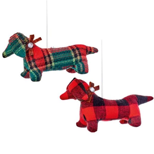 Set of 2 Red Tartan Sausage Dog Christmas Tree Baubles